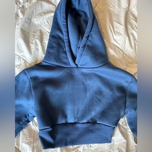 Blue, cropped, hooded, long sleeve sweatshirt
